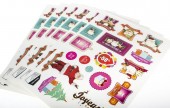 A4 sheets of stickers, of variable shape and size, kiss cut so the individual sticker can be removed easily.